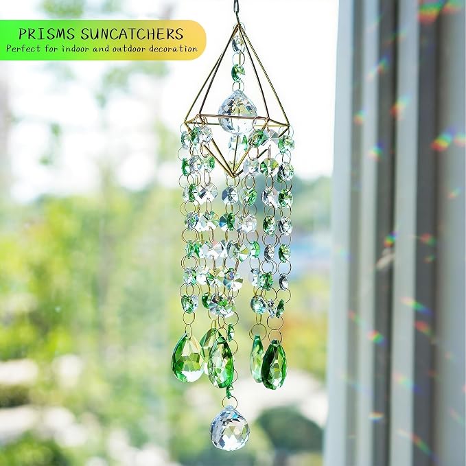 Crystal Suncatcher Glass Wind Chimes Style Sun Catchers Indoor Window | Hand-plated,Rainbow Prisms Suncatcher For Window Hanging,Whimsical Decor Home Garden Birthday Christmas Gift (21.5inch,Green)