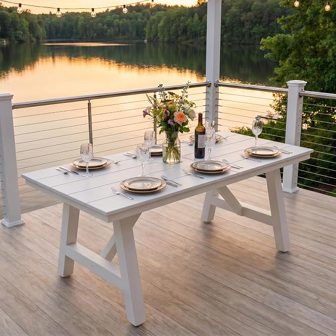 Costaelm Outdoor Dining Tables for Patio, 72" Rectangle 6-Person HDPE Dining Table with Umbrella Hole and Metal Frame for Outside, Garden, Poolside, Backyard, Porch, Balcony, White