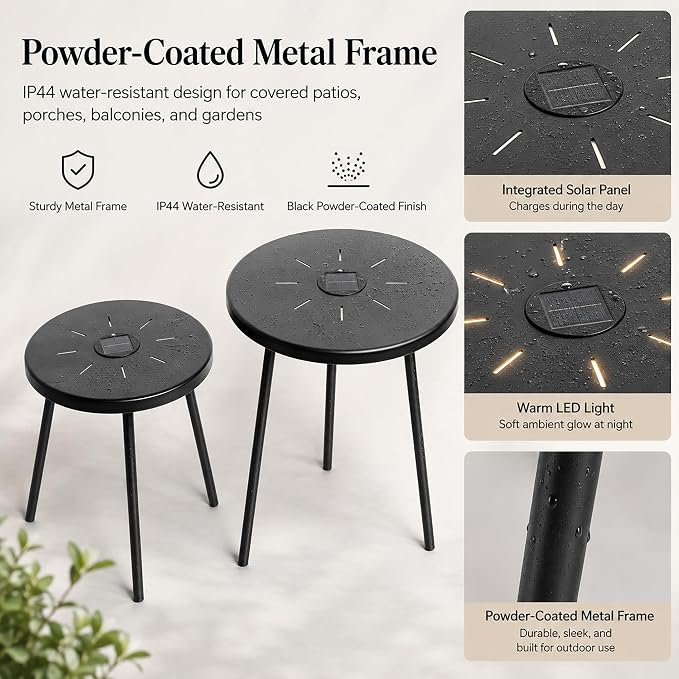 Solar Outdoor Side Table Set of 2 with Warm LED Light, Round Metal Patio End Tables, IP44 Water-Resistant Stackable Accent Tables for Balcony Porch Garden Poolside, Black