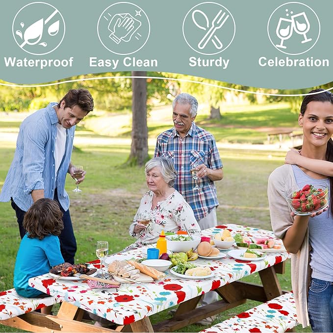 misaya Picnic Table Cover with Bench Cover, Waterproof Elastic Fitted Tablecloth for 5 Foot Tables, Rectangle Washable Polyester Fabric Tablecloths for Picnic, Camping, Outdoor (Flower, 30" x 60")