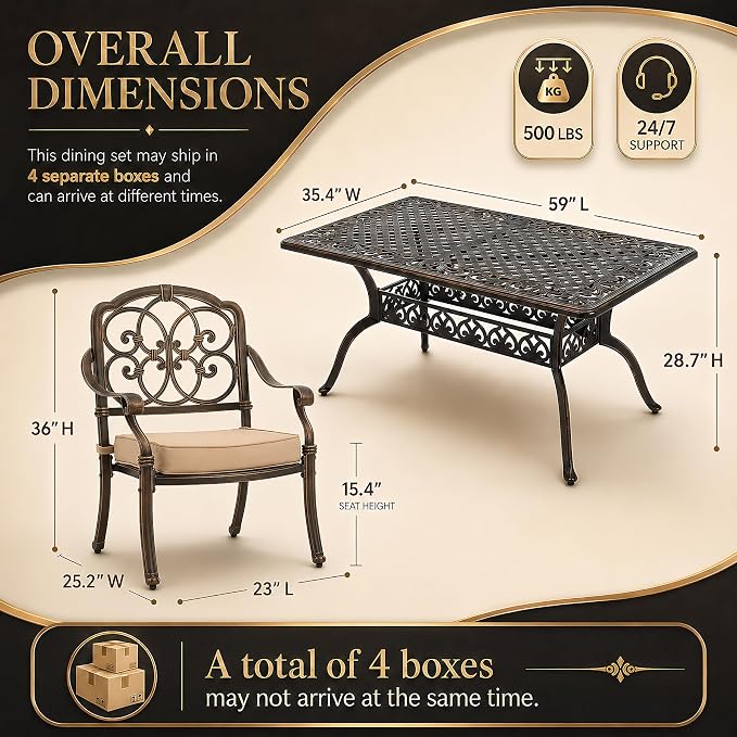 7 Piece Outdoor Dining Set Cast Aluminum, Retro Patio Dining Set for 6 Includes 59” Rectangular Table with Thicker Cushions and Umbrella Hole for Patio Deck Garden Porch