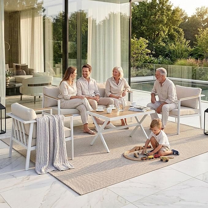 Aug-guan Aluminum Patio Furniture Set 4 Piece, Outdoor Conversation Set with 5" Cushions, Olefin Fabric, Rustproof Frame, Non-Slip Feet, Compact Patio Sofa Set for Balcony, Backyard, Porch,White