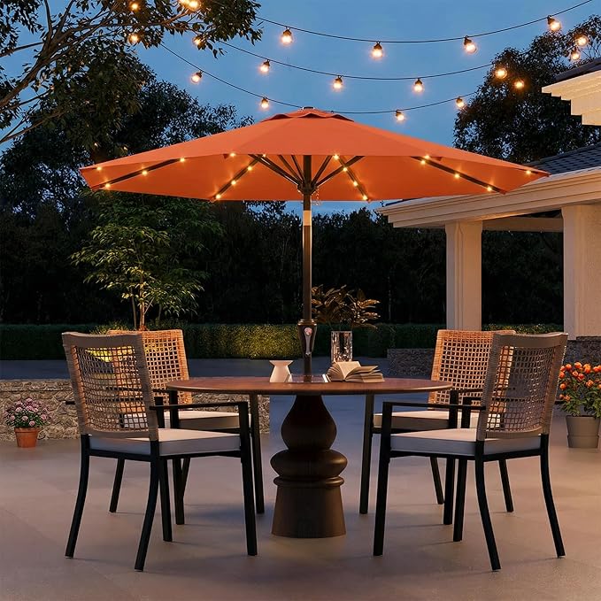 9FT Solar Umbrella 32 LED Lighted Patio Umbrella Table Market Umbrella w/Tilt and Crank, UV-Resistant Outdoor Umbrella for Pool, Garden, Deck, Terracotta