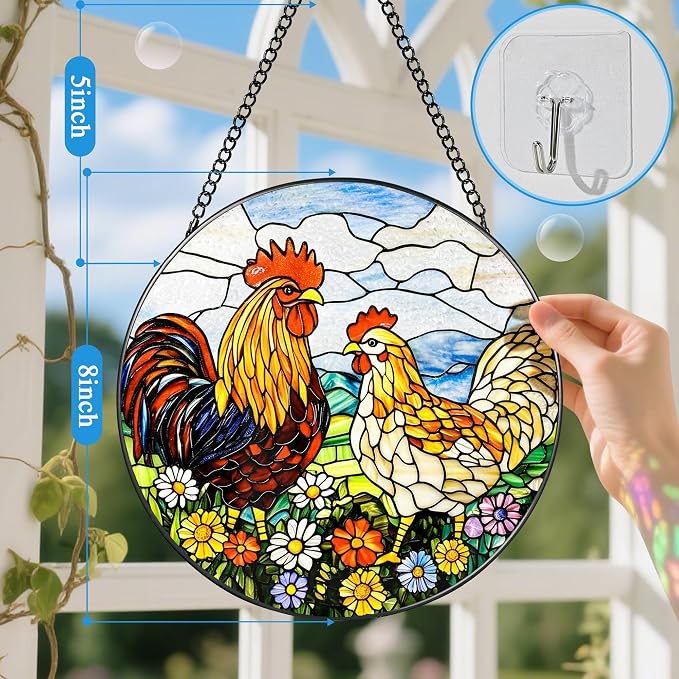Stained Glass Window Hanging, Stained Glass Suncatcher, 8" Chickens in Flowers Garden Suncatchers for Windows Hanging, Sun Catchers Indoor Window | Gifts for Farm Lovers, Gifts for Chicken Lovers