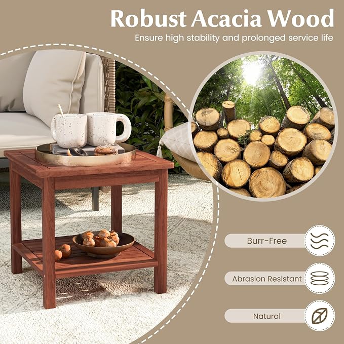 Tangkula Patio Side Table, Double-Tier Acacia Wood End Table, Slatted Tabletop & Shelf, Outdoor Small Side Table with Storage, Compact Wood Table for Backyard, Balcony (1, Natural)