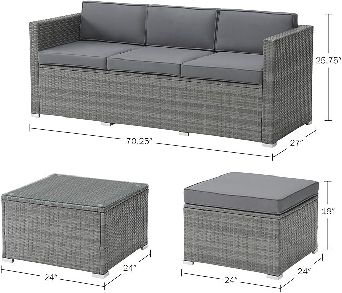 Patio Furniture Set - 3-Piece Rattan Outdoor Sectional, Ottoman, and Table Combo - Deck, Pool, Sunroom, or Backyard Furniture by Lavish Home (Gray)