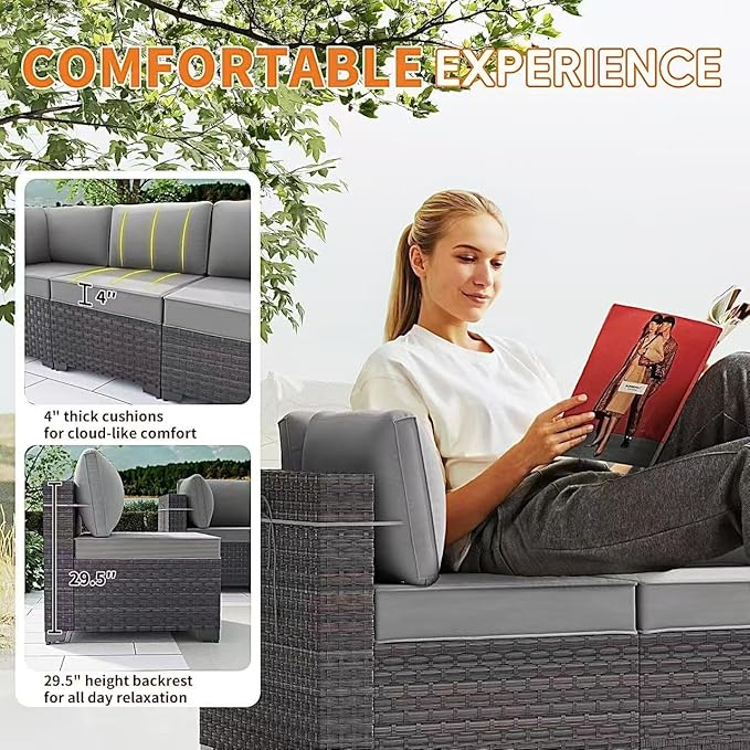 Gotland 11 Pieces Patio Furniture Set with Fire Pit Table Swivel Chairs, PE Rattan Outdoor Furniture with 29.5'' High Backrest 4’’ Thick Cushions, Outdoor Sectional for Porch, Deck, Garden, Grey