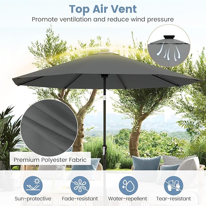 Tangkula 10 FT Solar Patio Umbrella, Outdoor Market Table Umbrella with 96 Multi-Colored Flowing LED Lights, 9 Modes, Tilt Adjustment, Crank Handle, 8 Ribs, Vented Top for Backyard Poolside Deck Lawn