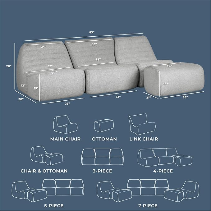 Big Joe Solvana Outdoor Sectional, 4 Piece Patio Furniture Set, Performance Linen Weather-Resistant Fabric Sofa, Port Gray