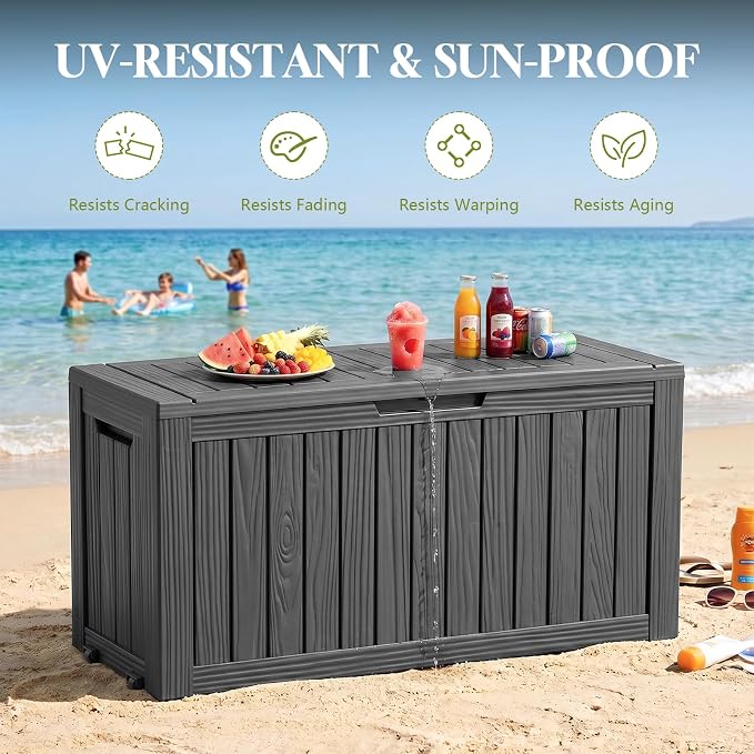 Waterproof Outdoor Storage Box Outside Deck Box Lockable Resin Bench UV Resistant Furniture Cushion Pool Tool Float Bin Patio Garden Porch (Black, 85 Gallon)