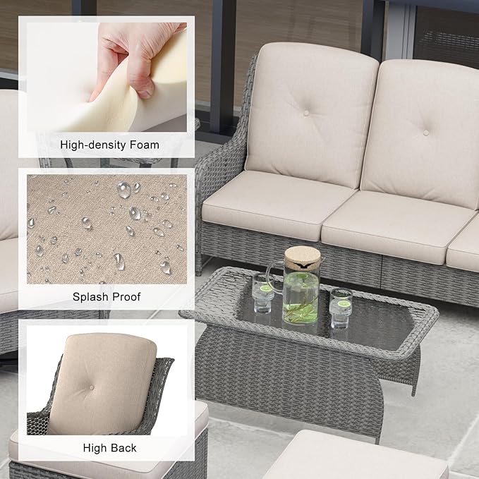 kinbor Outdoor Sectional Furniture - Outdoor Patio Conversation Sets, 7 Pieces Outdoor Sectional Sofas with Swivel Rocking Chair, Brown Wicker Rattan Patio Furniture Set, Khaki