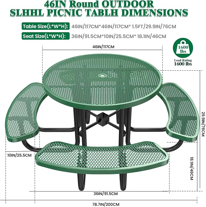 46IN Round Outdoor Picnic Table with Attached Seats, Heavy-Duty Metal Expanded Mesh Patio Table, 1600LBS Load Capacity Commercial-Grade Table for Park, Backyard, Deck, Green