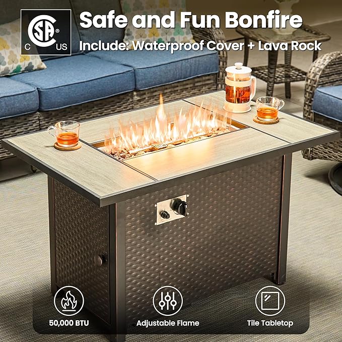 ovios 7-Piece Patio Furniture Set with Swivel Chairs Coffee Table, Outdoor Wicker Sofa with 42" Fire Pit Table, High Back Couch Modern Conversation Sets, Grey/Denim Blue