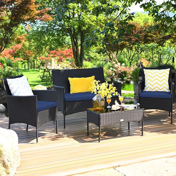 Tangkula 4 Piece Patio Furniture Set, Outdoor Wicker Conversation Set with Tempered Glass Coffee Table, Rattan Loveseat & Chairs Set with Seat Cushions for Backyard, Garden, Poolside (1, Navy)