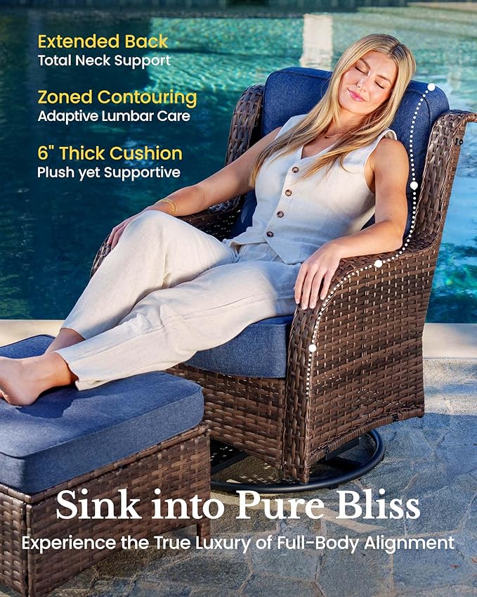 HILLGA Luxury Patio Furniture Set with 6-inch Thick Cushion, Outdoor Couch and High Back Swivel Rocker Patio Chairs, 7PCS Wicker Conversation Set for Deck Yard and Poolside, Blue (V2)