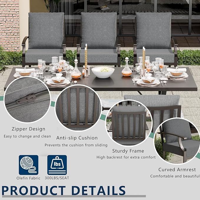 9 Piece Outdoor Dining Set for 8, Metal Patio Table and Chairs with Cushions, Patio Furniture Set with 2 Swivel Chairs, Rectangular Metal Dining Table with Umbrella Hole, Lawn Deck Yard-Grey