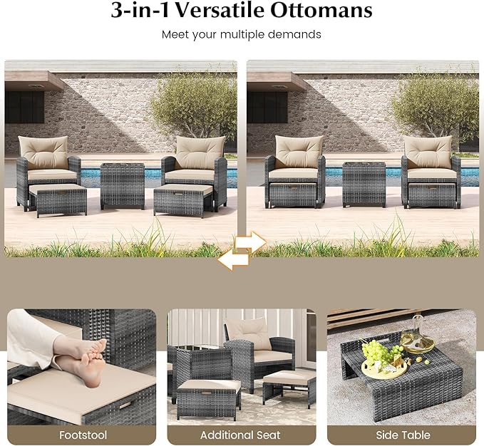 KOTEK 5 Pieces Patio Furniture Set with Ottomans, Wicker Patio Conversation Set with Coffee Table & Cushions, PE Rattan Outdoor Lounge Chairs for Backyard, Porch, Poolside (Mix Grey- Beige)