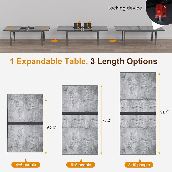 FansaFurn Aluminum Expandable Outdoor Dining Table, 62.6"-91.7" Adjustable Length Patio Dining Table for 4-10 Person, Aluminum Frame Plastic Stone Tabletop for Garden Porch Deck, Grey