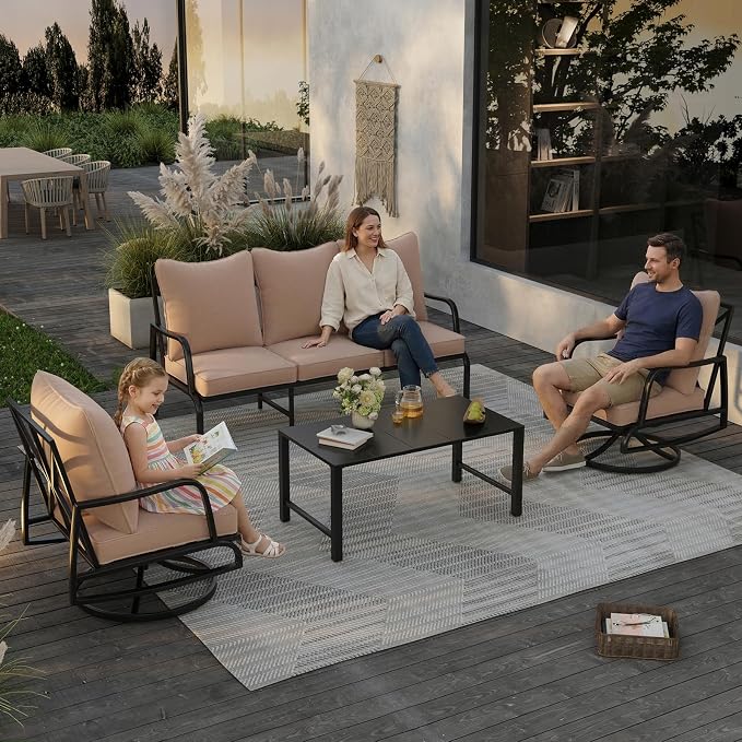 Soohow Patio Furniture Set, 4 Piece Outdoor Patio Furniture Set, 2 x Outdoor Swivel Chair, 1 x 3-Seats Sofa and 1 x Coffee Table, Metal Conversation Set for Porch, Balcony, and Backyard