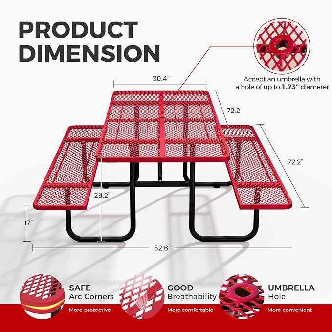 72 Inch Heavy Duty Picnic Table for Outdoors, Rectangular Camping Table with Benches and 1.78" Umbrella Hole, Commercial Grade Steel Frame, 2200 lbs Load Capacity, Red