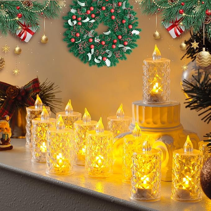 12-Pack Flameless Candles, Battery Operated Crystal LED, 200+H Runtime – Realistic Flickering Light for Table Centerpiece, Safe for Mother's Day, Father's Day, BBQs, Outdoor & Family Gatherings