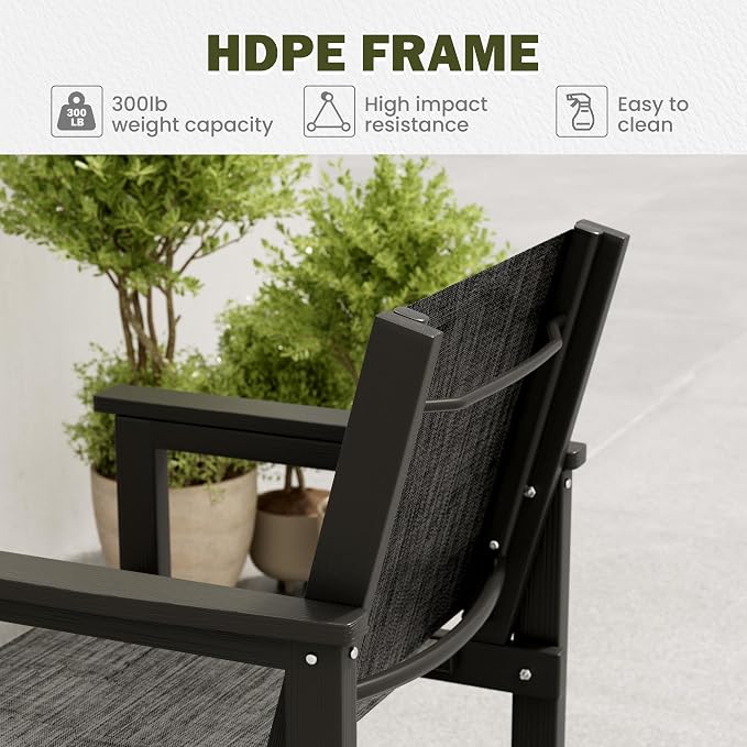 HDPE Outdoor Dining Set for 4, All-Weather Patio Furniture Table and Chair Sets with Umbrella Hole Outdoor Dining Table Sets of 4 Textilene Fabric Patio Chairs for Backyard, Poolside, Garden,Deck