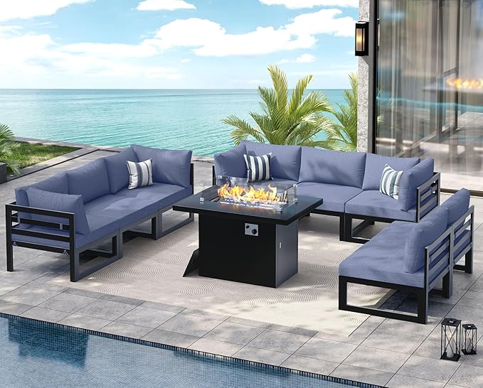 NICESOUL 9 Piece Oversized Modular Aluminum Outdoor Furniture Set with Fire Pit Table, 29" Deep Wide Sectional Seating, 500 lbs High Weight Capacity Patio Conversation Set for Garden Deck, Denim Blue