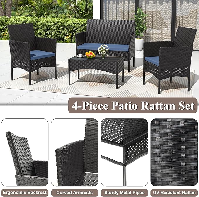 4 Piece Patio Rattan Conversation Set, Outdoor Rattan Chair Wicker Furniture Set, Couple Seats and Tempered Glass Table,Comfort Seat for Patio, Pool or Backyard