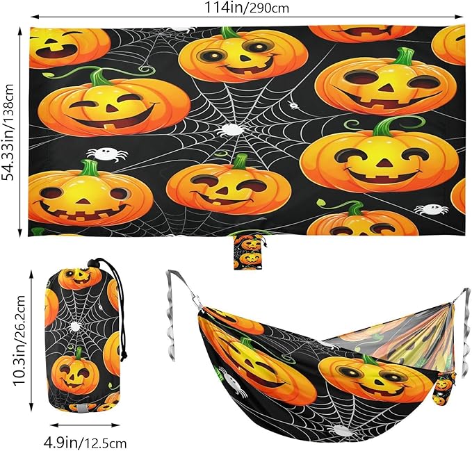 Hammocks for Outside Cartoon Jack-o-Lantern Pumpkins Camping Hammock Portable Hammocks with Tree Straps and Carry Bag Camping Accessories for Hiking Beach Outdoor