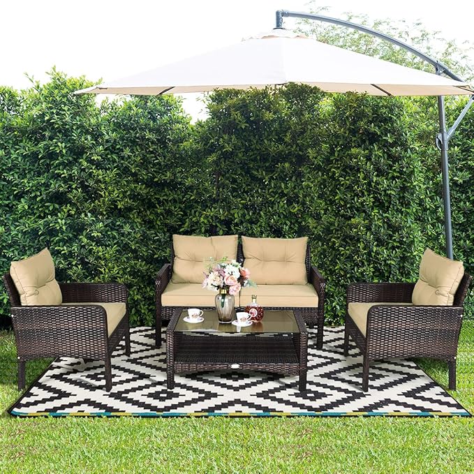 Tangkula 4 Piece Patio Furniture Set, Outdoor Wicker Conversation Set with Glass Top Coffee Table, All Weather Proof and Thick Cushions, Suitable for Porch, Garden, Poolside and Lawn (Brown)