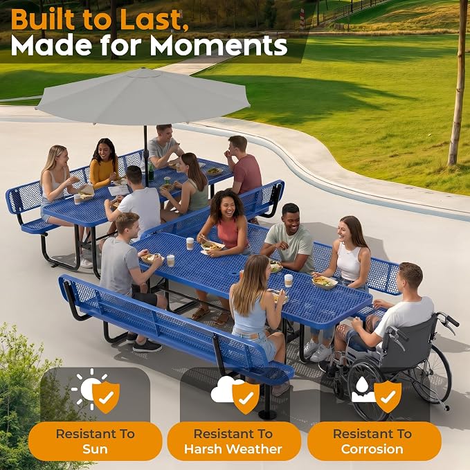 Commercial Heavy-Duty Metal Picnic Table (Blue, 8' Rectangular with Back)