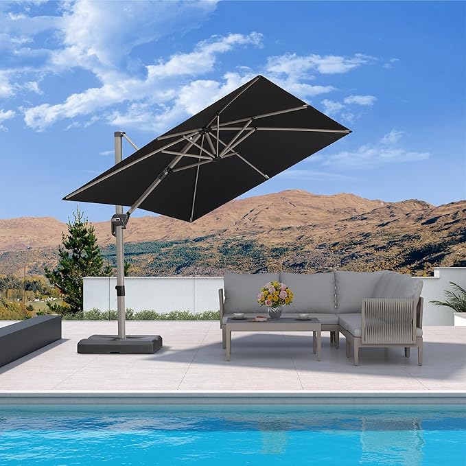 PURPLE LEAF 8’ X 8‘ Patio Umbrella Outdoor Cantilever Umbrella, Aluminum Offset Umbrella with Champagne Frame and 360° Rotation for Pool Deck Garden, Black