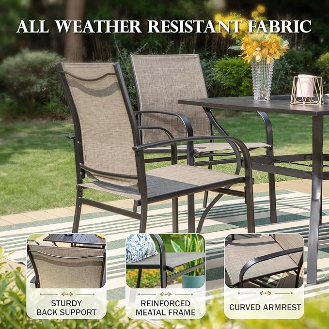 HERA'S HOUSE 7 PCS Patio Dining Set, All-Weather Outdoor Table Chairs Set, 6 x Patio Dining Chairs, Rectangular Metal Table with Umbrella Hole for Yard Garden Porch Deck (Brown)