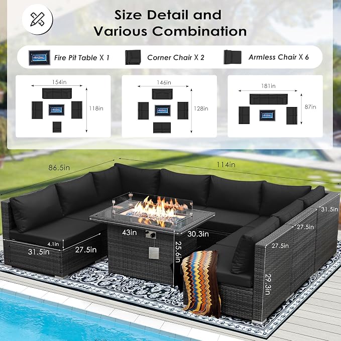BULEXYARD 9 Pieces Highback Wicker Patio Furniture Set with Firepit, High Weight Capacity Outdoor Sectional Couch Sofa 8-Seater Modular, Plus Comfortable Wide Deep Deck Seating Group, Grey & Black