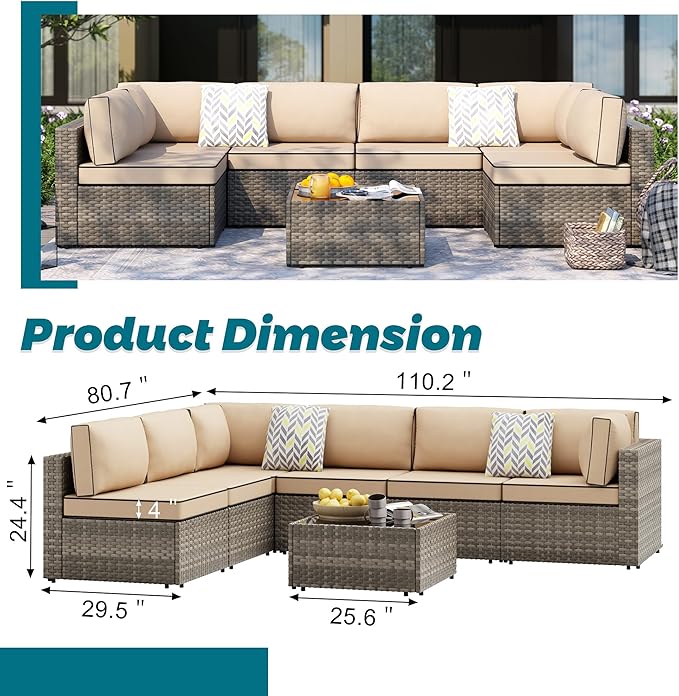 SUNLEI Outdoor Patio Furniture Set 7 Pcs, Rattan Balcony Furniture with Backrest Glass Table & Washable Cushions Small Conversation Patio Set with Sectional Design (Brown/Khaki)