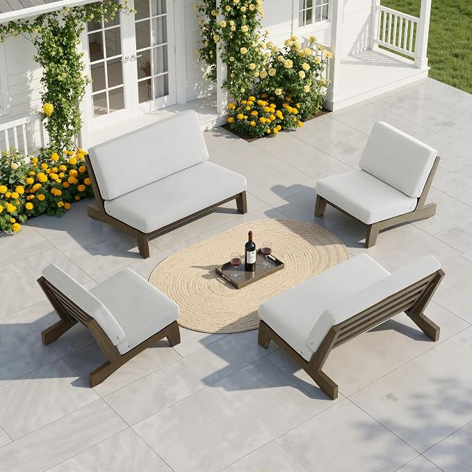 Pia Ricoo 4 Piece Patio Furniture Sets, Outdoor Furniture with 2 Chairs & Coffee Table, Patio Conversation Set for Backyard, Deck, Lawn, Beige