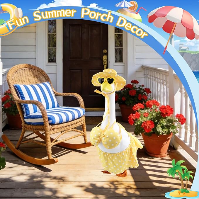 23 Inch Porch Goose Outfits 2 Pack, Summer Goose Clothes with Floral Dress, Hat, Bikini Set, Sun Hat and Heart Sunglasses for Cement Goose Statue Yard Garden Decor