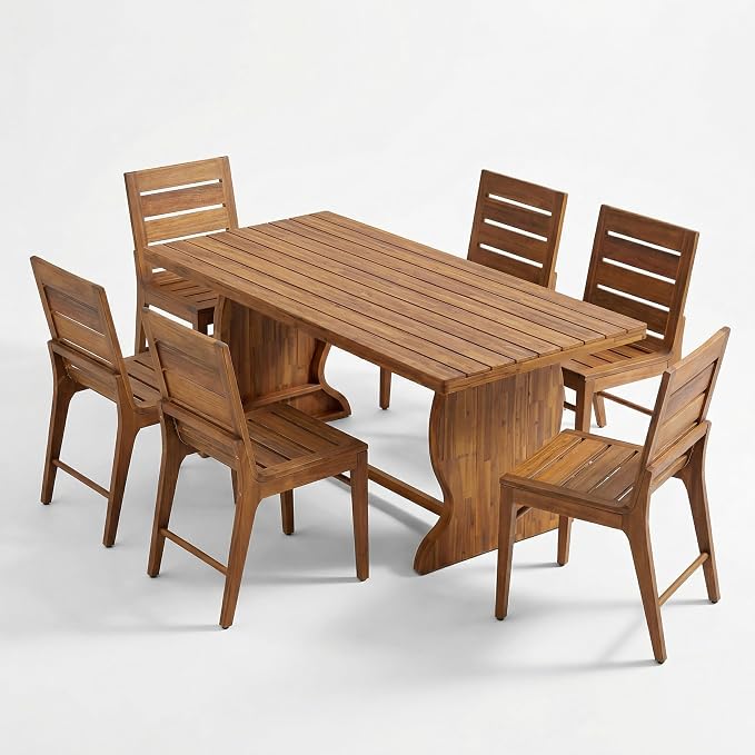 Christopher Knight Home 7-Piece Outdoor Dining Set, 70" Acacia Wood Patio Table with 6 Slatted Dining Chairs, Teak Finish Large Outdoor Table and Chairs Set for Garden Backyard Deck Porch