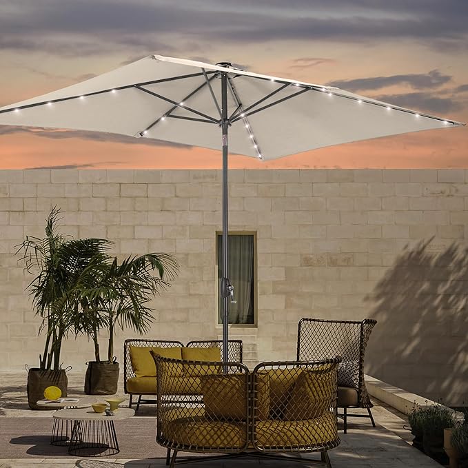 Rectangle Patio Umbrella with Solar Lights, 6x9ft Outdoor Rectangular Table Market Umbrella Patio with Push Button Tilt and Crank for Pool, Deck, Garden,Backyard