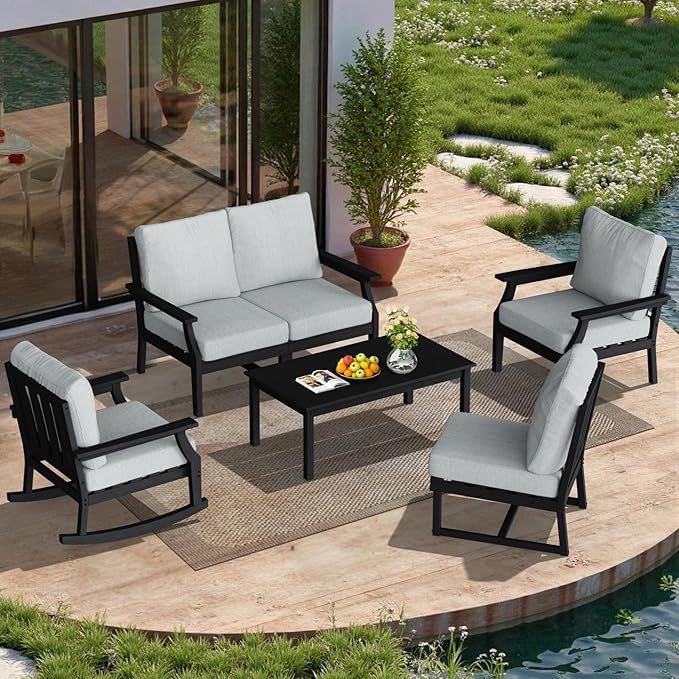 HDPE Patio Conversation Set, 6-Piece All Weather Outdoor Furniture Set with 1 Single Rocking Armchairs for Deck, Lawn, with Cushion, Black