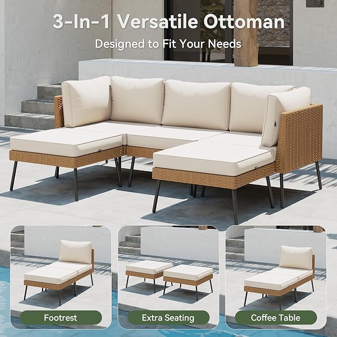 Aoxun 6 Piece Patio Furniture Set, 6 Seats Outdoor Sectional Sofas with Thick Cushion, Wicker Outdoor Patio Furniture Set with Ottomans for Party, Garden, Backyard, Beige