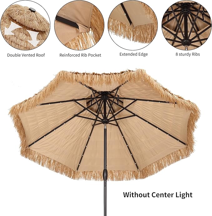 GDY 9 ft 2-Tier Solar Tiki Umbrella, 32 LED Ligths Hula Thatched Tiki Umbrellas, Straw Umbrella, Pool, Patio, Beach