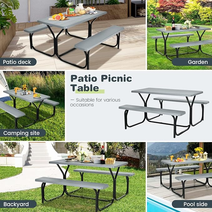 DORTALA Plastic Picnic Table for Outdoors, All Weather Faux Wood Patio Picnic Table Set with Benches for Outdoor, Cafeteria and Commercial, Gray