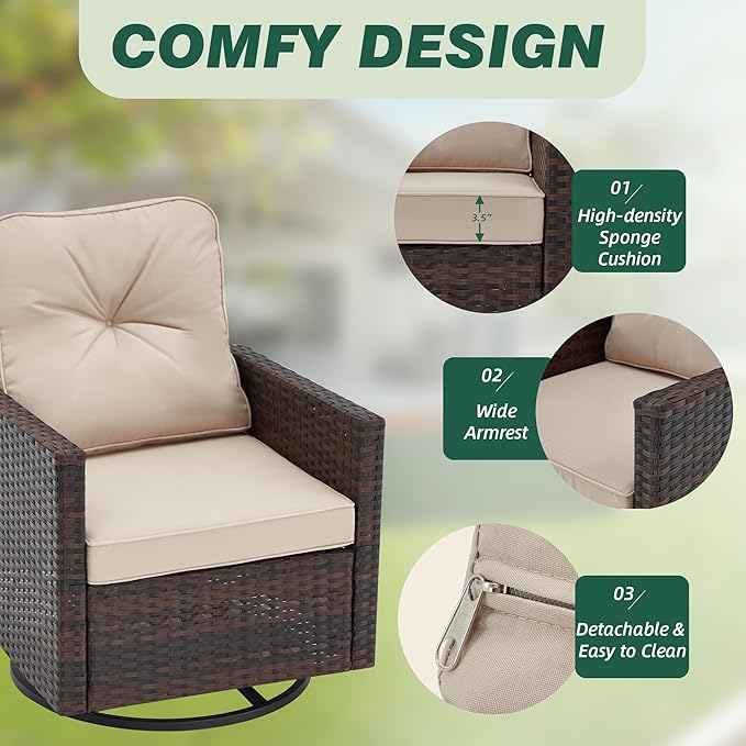 AVAWING 5 Pieces Patio Furniture Set, Wicker Swivel Glider Chairs with 2 Ottomans and 1 Side Table, Patio Chairs with Waterproof Blue Cushions for Garden, Backyard and Porch,