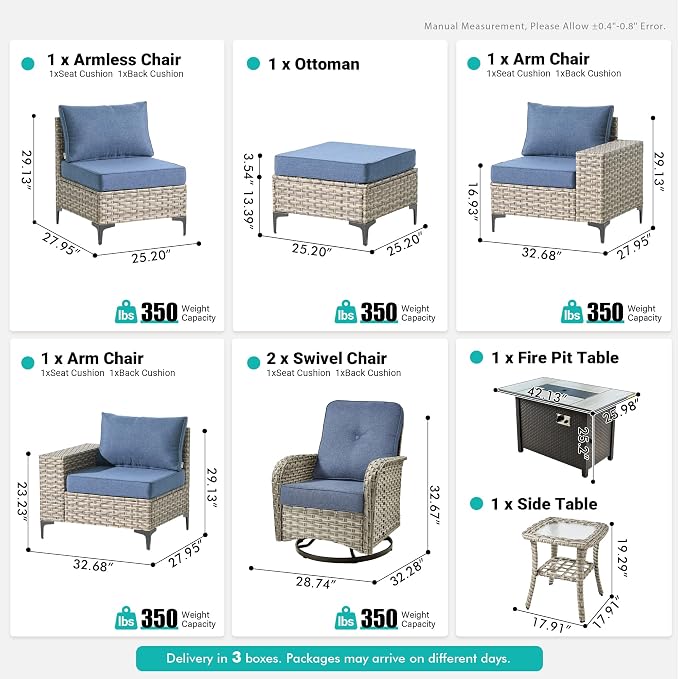 8 Pcs Patio Outdoor Furniture Set - All Weather Wicker Outdoor Sectional Sofa Couch with Swivel Fire Pit Table and Rocking Chairs e,Patio Rattan Conversation Set for Garden Deck Yard,Denim Blue