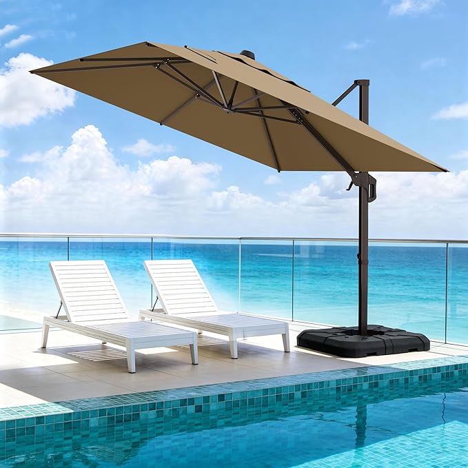 10' X 10' Patio Umbrella Cantilever Outdoor Rectangle Umbrella, Heavy Duty 360°Rotation Offset Umbrella for Garden Deck Pool Patio, Brown