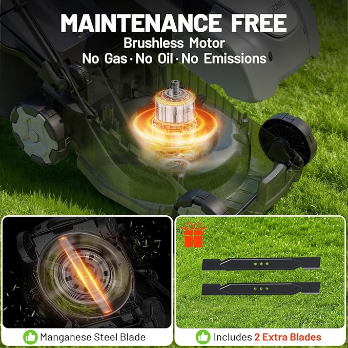 Litheli 40V Brushless Push Mower, 16″ Cordless Lawn Mower, 6 Adjustable Heights (1-3″), 50L Collection Bag & Mulching, 2×5.0Ah Batteries & Charger Included