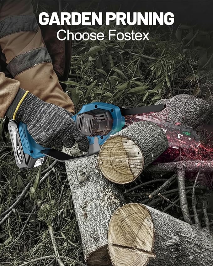Fostex 6 Inch Cordless Mini Chainsaw, Handheld Electric Chain Saw with 2×2000mAh Batteries & 2 Chains, Lightweight Battery Powered Saw for Tree Trimming, Branch Pruning, Gift for Dad, Husband (Blue)