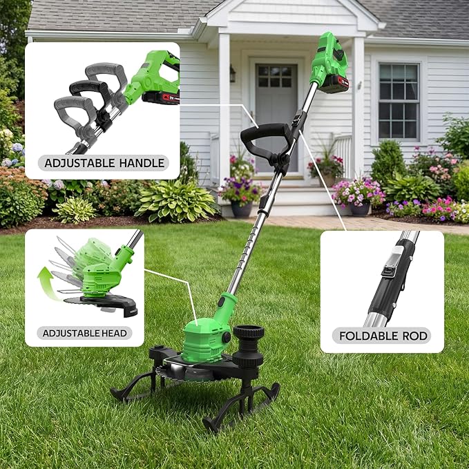 Cordless Weed Wacker, 21V Lightweight Electric Trimmer Battery Powered (Includes 2 x 21V Batteries & Charger) Grass Trimmer/Brush Cutter/Lawn Edger Featuring for Yard Garden Lawn Care