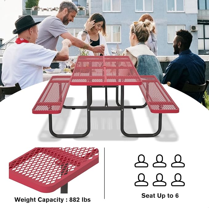 72'' Rectangular Steel Picnic Table for Outdoors,Commercial Metal Picnic Table with Umbrella Hole, Heavy Duty Sturdy Picnic Tables Furniture Set for Patio Garden Courtyard BBQ, Red